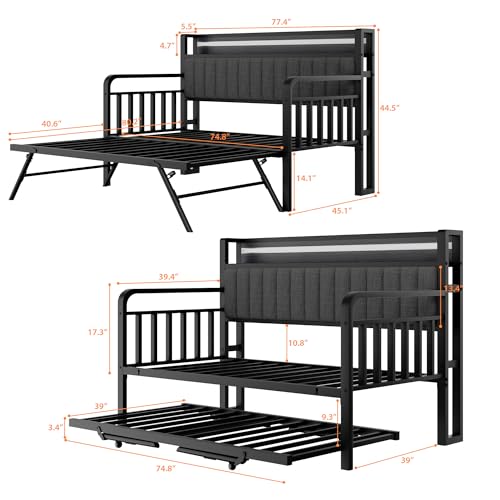  Heavy Duty Metal Daybed with Trundle and LED Light, Perfect for Living Room, Bedroom and Guest Room (Black)
| Daybed wi