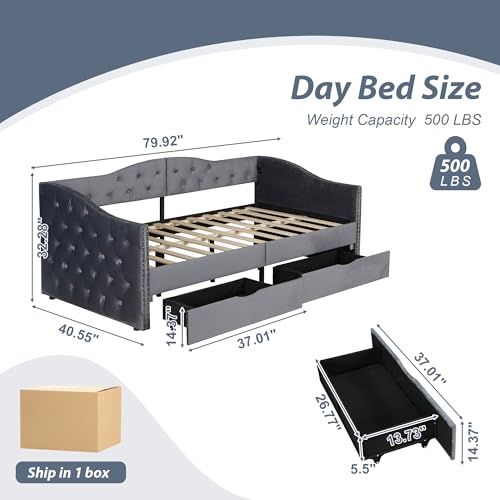 Twin Size Button Tufted Velvet Daybed with USB Charger & Storage Drawers - Gray for Guest Bedroom & Livingroom (No Box S
