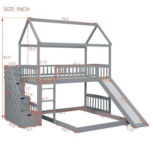  Twin Over Full House Bunk Bed with Stairs and Slide, Gray Guard Rail for Kids
| Wood Bunk Bed Frame with Staircase and 