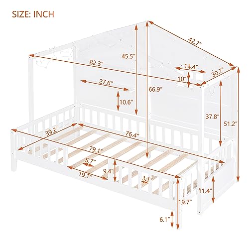 SOFTSEA Twin Size Kids House Bed with Storage and Sparkling Roof Light, Perfect for Boys and Girls, Ideal for Small Spac