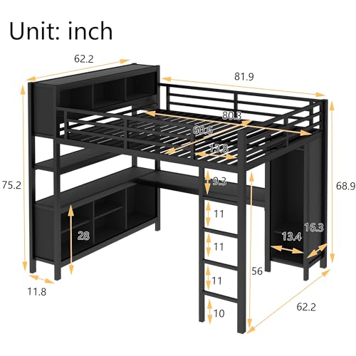 SOFTSEA Queen Loft Bed with Desk and Storage for Teens and Adults, Heavy Duty Metal Design, No Box Spring Needed, Black 