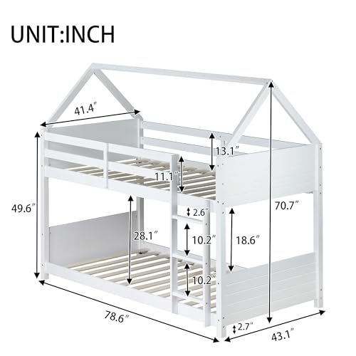  White Twin Over Twin Wood House Bunk Bed with Headboards and Footboards for Girls and Boys Bedroom
| Twin Over Twin Woo