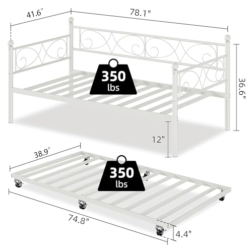  IdealHouse Twin Daybed with Trundle, Space Saving Metal Frame, for Living Room and Bedroom, Modern White, Heavy Duty De