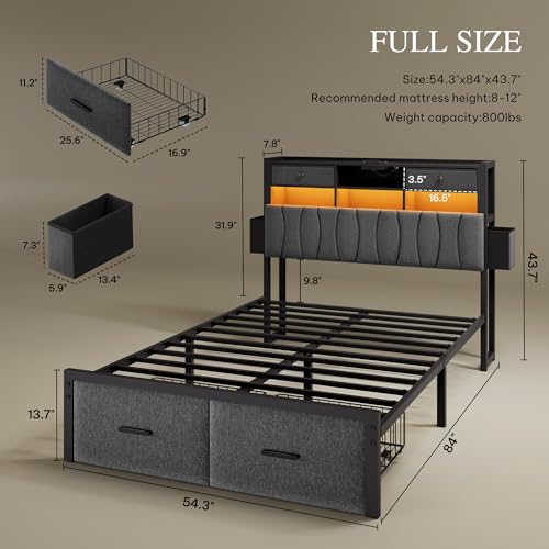  Full Size Bed Frame with Storage and Charging Station, Linen Upholstered with LED Light, Grey
| Heavy Duty Metal Suppor