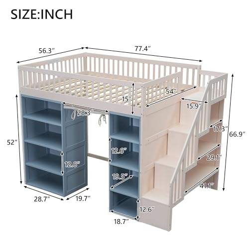 SOFTSEA Full Size Loft Bed with Storage Stairs, Solid Wood Construction for Kids & Teens in White & Blue + Blue Searches