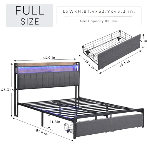  Upholstered Full Size Bed Frames with 2 Tier Storage Headboard, Grey Platform Bed Frame with Charging Station & Typ-C C