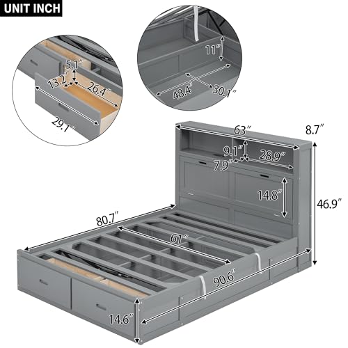 Queen Size Hydraulic Platform Bed with LED Lights for Adults, Modern Lift-Up Storage Frame with Charging Station, No Box